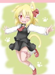 Rule 34 | 1girl, animal ears, ascot, bad id, bad pixiv id, bell, blonde hair, blush, cat ears, cat girl, cat tail, embodiment of scarlet devil, fang, female focus, hair ribbon, highres, kemonomimi mode, leg ribbon, letterboxed, oden (th-inaba), one eye closed, open mouth, outstretched arms, paw print, red eyes, ribbon, rumia, shirt, short hair, skirt, skirt set, smile, solo, tail, touhou, vest, wink