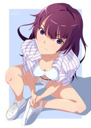 Rule 34 | 1girl, absurdres, alternate costume, belt, blue background, blue eyes, blush, border, bra, breasts, brown belt, cleavage, closed mouth, collarbone, commentary, english commentary, from above, full body, highres, jub jub, knee up, legs, long hair, medium breasts, monogatari (series), navel, on ground, open clothes, open shirt, own hands together, purple hair, senjougahara hitagi, shirt, shorts, signature, sitting, smile, solo, striped clothes, striped shirt, thighs, twitter username, underwear, white border, white bra, white footwear, white shorts