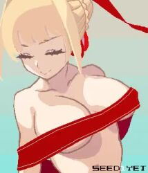 Rule 34 | 1girl, animated, bare shoulders, blinking, blonde hair, bouncing breasts, breasts, clenched teeth, closed mouth, completely nude, fate/grand order, fate (series), green eyes, large breasts, lowres, nero claudius (fate), nero claudius (fate) (all), nude, pixel art, red ribbon, ribbon, simple background, smile, solo, teeth, video, viola (seed), watermark