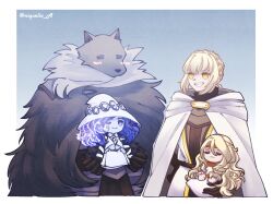 Rule 34 | 2boys, 2girls, blaidd the half-wolf, blue skin, braid, brother and sister, cape, chibi, cloak, colored skin, cracked skin, doll joints, elden ring, elden ring: shadow of the erdtree, extra arms, extra faces, fur cape, fur cloak, furry, gold circlet, gold needle, hat, helmet, highres, joints, large hat, miniature ranni, miqueliafantasia, miquella (elden ring), multiple boys, multiple girls, ranni the witch, robe, siblings, sleeveless tunic, smile, white robe, white tunic, winged helmet, witch, witch hat
