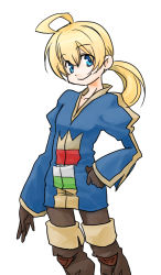 Rule 34 | 1boy, ahoge, blonde hair, blue eyes, boots, brown footwear, brown gloves, brown thighhighs, cloak, collarbone, final fantasy, final fantasy tactics, gloves, kaori (kaorioka), long sleeves, looking at viewer, male focus, pants, ramza beoulve, simple background, solo, standing, thigh boots, thighhighs, white background