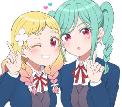 Rule 34 | 2girls, :o, ;d, aqua hair, blazer, blonde hair, blue jacket, blush, braid, collared shirt, commentary request, dress, dress shirt, flower, gradient hair, grey dress, grin, hair flower, hair ornament, hair over shoulder, hair ribbon, heart, highres, index finger raised, jacket, jenny (je2live), long hair, long sleeves, looking at viewer, love live!, love live! superstar!!, low twin braids, multicolored hair, multiple girls, neck ribbon, one eye closed, onitsuka natsumi, onitsuka tomari, open clothes, open jacket, open mouth, parted bangs, partial commentary, pink hair, red eyes, red ribbon, ribbon, school uniform, shirt, siblings, simple background, sisters, smile, twin braids, upper body, white background, white flower, white ribbon, white shirt, winter uniform, yuigaoka school uniform
