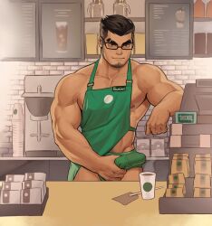 Rule 34 | 1boy, absurdres, apron, artist name, bara, barista, black hair, briefs, bulge, closed mouth, cup, disposable cup, drinking straw, erection, erection under clothes, facial hair, glasses, green apron, green male underwear, helbai, highres, indoors, large pectorals, male focus, male underwear, muscular, muscular male, nipples, original, pectorals, short hair, smile, solo, underwear
