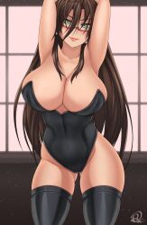 Rule 34 | 1girl, breasts, brown hair, cleavage, glasses, hasegawa chisato, large breasts, looking at viewer, shinmai maou no testament, solo