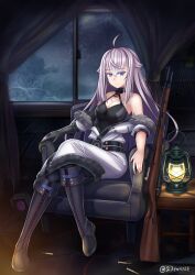 Rule 34 | 1girl, ahoge, armchair, barcode, barcode tattoo, bare shoulders, black gloves, black leotard, blue eyes, bolt action, boots, breasts, cartridge, chair, cleavage, cleavage cutout, clothing cutout, coat, codename: bakery girl, curtains, dinergate (girls&#039; frontline), elbow gloves, frown, full body, fur trim, girls&#039; frontline, gloves, gun, hair between eyes, highres, in-franchise crossover, indoors, jefuty (bakery girl), knee boots, kuronekozero, lantern, leotard, long hair, looking at viewer, medium breasts, medium hair, mosin-nagant, off shoulder, on chair, purple hair, rifle, single elbow glove, sitting, solo, tattoo, twitter username, weapon, white coat, window