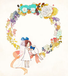 Rule 34 | 1girl, 21grams, adjusting bowtie, bare arms, bare legs, barefoot, berry, bird, black eyes, blue bow, blue bowtie, blue flower, blunt ends, bow, bowtie, bridal veil, brown hair, closed mouth, commentary request, dove, dress, flower, flower wreath, hair bow, leaf, light blush, lily of the valley, looking at animal, original, purple flower, red ribbon, ribbon, rose, see-through veil, short dress, short hair, simple background, sleeveless, sleeveless dress, smile, solid circle eyes, traditional bowtie, veil, white background, white dress, white flower, white rose, white veil