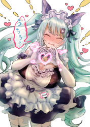 Rule 34 | 1girl, animal ears, apron, black dress, blue hair, blush, breasts, cat ears, closed eyes, dress, drill hair, elbow gloves, embarrassed, fake animal ears, gloves, goddess of victory: nikke, hair ribbon, heart, heart hands, large breasts, legwear garter, light blue hair, long hair, maid, maid headdress, neck bell, official alternate costume, paw hair ornament, privaty (nikke), privaty (unkind maid) (nikke), ribbon, solo, stardust shalala, thighhighs, twin drills, twintails, very long hair, white apron, white gloves, white thighhighs
