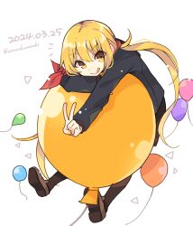 Rule 34 | 1girl, balloon, blonde hair, dated, highres, kantai collection, kurasaki cosmos, loafers, long hair, looking at viewer, satsuki (kancolle), school uniform, serafuku, shoes, simple background, tongue, tongue out, twintails, twitter username, yellow eyes