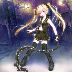 Rule 34 | 1girl, aruciii, bad id, bad pixiv id, black thighhighs, blonde hair, boots, chain, holding, knife, long hair, original, purple eyes, skirt, solo, thighhighs, twintails
