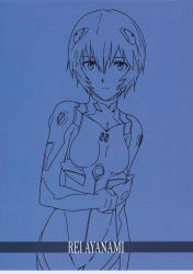 Rule 34 | 1girl, absurdres, alternate hairstyle, ayanami rei, blue background, bodysuit, breasts, character name, gloves, hair ornament, highres, looking at viewer, neon genesis evangelion, number print, official art, plugsuit, scan, short hair, simple background, skin tight, smile, solo, standing, wide hips
