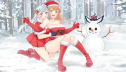 Rule 34 | bare legs, bird, black clover, blush, boots, grabbing another&#039;s breast, breasts, christmas, christmas clothing, christmas outfit, cleavage, cold setting, cousins, dress, elbow gloves, forest, fur trim, gloves, grabbing, green eyes, hair ornament, hat, high heel boots, high heels, highres, incest, kneeling, knees together feet apart, long hair, mimosa vermillion, nero (black clover), noelle silva, orange hair, purple eyes, santa hat, secre swallowtail, silver hair, snow, snowman, strapless, strapless dress, tagme, white hair, yuri