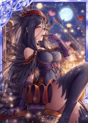 Rule 34 | 1girl, akkijin, bare shoulders, black dress, black feathers, black hair, breasts, brown ribbon, dress, eating, feathers, frills, full moon, gloves, hat, heart, house, lamppost, lantern, large breasts, looking at viewer, moon, night, night sky, official art, outdoors, paper lantern, red gloves, red headwear, ribbed hat, ribbon, shinkai no valkyrie, sitting, sky, sky lantern, thighhighs, valentine, yellow eyes