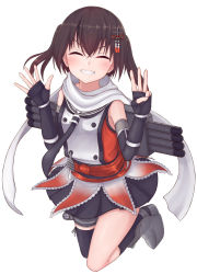 Rule 34 | + +, 1girl, black gloves, black necktie, black skirt, black thighhighs, brown hair, buttons, clip studio paint (medium), commentary request, double-breasted, elbow gloves, facing viewer, fingerless gloves, full body, gloves, grin, highres, kantai collection, necktie, night battle idiot, orange serafuku, scarf, school uniform, sendai (kancolle), sendai kai ni (kancolle), serafuku, simple background, single thighhigh, skirt, smile, solo, standing, standing on one leg, thighhighs, tiemu (man190), two side up, white background, white scarf