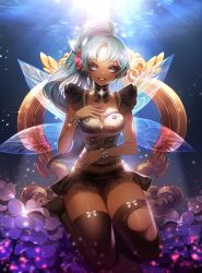 Rule 34 | 1girl, black thighhighs, blue eyes, blue hair, blue nails, bracelet, breasts, cleavage, collarbone, dark-skinned female, dark skin, eu (euspia), fairy, high ponytail, jewelry, large breasts, long hair, looking at viewer, nail polish, original, solo, thighhighs, torn clothes, torn thighhighs