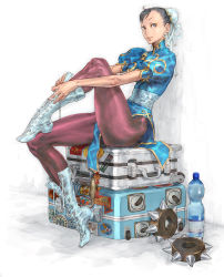 Rule 34 | 1girl, absurdres, boots, bracelet, briefcase, bun cover, capcom, china dress, chinese clothes, chun-li, dress, highres, jewelry, knee boots, legs, nishimura kinu, official art, pantyhose, pelvic curtain, sitting, solo, spiked bracelet, spikes, street fighter, thick thighs, thighs