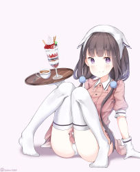 Rule 34 | 1girl, absurdres, bad id, bad pixiv id, blend s, blush, brown hair, closed mouth, coffee, coffee cup, collared shirt, commentary request, cup, disposable cup, full body, gloves, hair ornament, head scarf, highres, holding, holding tray, knees together feet apart, latte art, long hair, looking at viewer, low twintails, no shoes, panties, parfait, pink shirt, pink skirt, pleated skirt, puffy short sleeves, puffy sleeves, purple background, purple eyes, sakuranomiya maika, shirt, short sleeves, simple background, sitting, skirt, smile, sob (submar1089), solo, spoon, stile uniform, thighhighs, tray, twintails, twitter username, underwear, uniform, very long hair, waitress, white gloves, white panties, white thighhighs