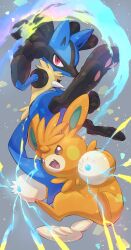 Rule 34 | :d, absurdres, animal hands, brown eyes, commentary, commentary request, creatures (company), electricity, energy, english commentary, fang, full body, game freak, gen 4 pokemon, grey background, hands up, highres, looking at viewer, lucario, mixed-language commentary, nintendo, no humans, nullma, open mouth, pawmot, pawpads, pokemon, pokemon (creature), red eyes, simple background, smile, spikes, v-shaped eyebrows