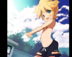 Rule 34 | 1boy, bandaid, blonde hair, child, grass, green eyes, itaru, kagamine len, male focus, nature, outdoors, topless male, sky, solo, stretching, swimsuit, vocaloid