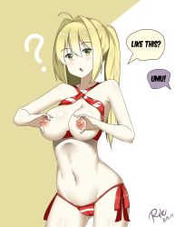 Rule 34 | 1girl, :o, ?, absurdres, ahoge, artist name, bikini, blonde hair, blush, breasts, breasts out, cameltoe, contrapposto, dated, english text, fate/grand order, fate (series), gluteal fold, green eyes, hair intakes, halterneck, heart-shaped boob challenge, highres, large breasts, long hair, looking at viewer, navel, nero claudius (fate), nero claudius (fate) (all), nero claudius (swimsuit caster) (fate), nipples, out of frame, ryle, side-tie bikini bottom, solo, standing, stomach, striped bikini, striped clothes, swimsuit, twintails