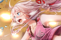 Rule 34 | 1girl, ahoge, alternate costume, bare shoulders, blue eyes, braid, breasts, clothes writing, cluseller, collarbone, commission, cropped, english text, female focus, hair between eyes, hair ornament, hair ribbon, ia (vocaloid), long hair, open mouth, orange background, pink hair, pink shirt, ponytail, red ribbon, ribbon, shiny skin, shirt, sleeveless, sleeveless shirt, small breasts, solo, sports bra, sweat, teeth, tongue, twin braids, v-shaped eyebrows, vocaloid, water