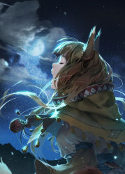 Rule 34 | 1girl, animal ears, backlighting, baraba baba, blurry, breasts, brown hair, capelet, closed eyes, cloud, depth of field, drawstring bag, eyelashes, fangs, floating hair, from side, highres, holo, howling, light particles, long hair, medium breasts, moon, moonlight, motion blur, mountain, night, night sky, open mouth, outdoors, profile, puffy sleeves, sash, sky, solo, spice and wolf, star (sky), starry sky, tail, tassel, upper body, wolf ears, wolf girl, wolf tail