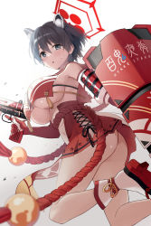 Rule 34 | 1girl, absurdres, animal ears, armor, armpits, ass, black hair, blue archive, blush, breast curtain, breasts, commentary request, elbow gloves, gloves, gun, hair between eyes, halo, highres, holding, holding gun, holding weapon, japanese clothes, large breasts, no panties, parted lips, raccoon ears, raccoon girl, red gloves, red sailor collar, red skirt, rope, saibashi (develop komono), sailor collar, shield, shimenawa, short hair, sidelocks, simple background, skirt, sleeveless, solo, sweatdrop, tassel, tsubaki (blue archive), twitter username, underboob, weapon