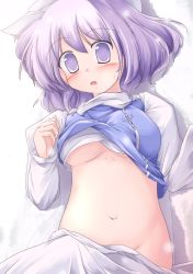 Rule 34 | 1girl, blush, breasts, clothes lift, female focus, groin, hat, highres, letty whiterock, light purple hair, lying, lzh, midriff, navel, no bra, no panties, on back, purple eyes, shirt lift, short hair, snowflakes, solo, touhou, underboob