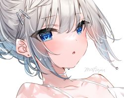 Rule 34 | 1girl, :o, bad id, bad pixiv id, blue eyes, blush, camisole, dutch angle, earrings, grey hair, jewelry, looking at viewer, mafuyu (chibi21), original, paid reward available, short hair, solo, stud earrings, sweat, white background