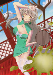Rule 34 | 1girl, absurdres, aqua bow, artist name, artist request, bare shoulders, blue sky, blush, bow, bowtie, bracelet, branch, breasts, brown eyes, brown hair, china dress, chinese clothes, cleavage, cleavage cutout, clothing cutout, cloud, collarbone, day, dress, earrings, female focus, green dress, grey hair, hair rings, hand over head, highres, holding, holding plate, jewelry, light brown hair, long hair, looking at viewer, love live!, love live! school idol project, minami kotori, outdoors, parted lips, pearl bracelet, plate, ponytail, side ponytail, sky, smile, solo, standing, standing on one leg, white legwear, yellow eyes