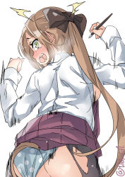 Rule 34 | 1girl, akigumo (kancolle), arms up, ass, black pantyhose, blue panties, blush, bow, brown bow, brown hair, commentary request, cowboy shot, ebifurya, from behind, green eyes, hair bow, highres, holding, implied sex, kantai collection, long hair, long sleeves, looking at viewer, looking back, nose blush, open mouth, panties, pantyhose, polka dot, polka dot panties, ponytail, profile, shirt, sideways mouth, simple background, solo, sweat, tears, torn clothes, torn pantyhose, twitter username, underwear, very long hair, white background, white shirt
