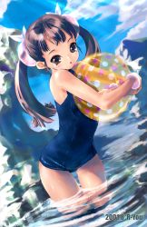 Rule 34 | 1girl, ball, brown eyes, brown hair, child, cloud, day, female focus, flat chest, hair ribbon, highres, kawata hisashi, long hair, one-piece swimsuit, original, outdoors, polka dot, ribbon, school swimsuit, sky, solo, swimsuit, twintails, water, wet, wristband