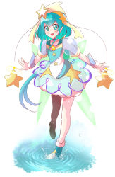 1girl :d alternate_hair_length alternate_hairstyle aqua_eyes aqua_hair blush collarbone commentary_request cure_milky full_body hair_ornament hairband long_hair low_ponytail miniskirt mitumi_mira open_mouth pointy_ears precure see-through_clothes short_hair_with_long_locks short_sleeves skirt smile solo standing star-shaped_pupils star_(symbol) star_hair_ornament star_twinkle_precure symbol-shaped_pupils very_long_hair white_background yellow_hairband