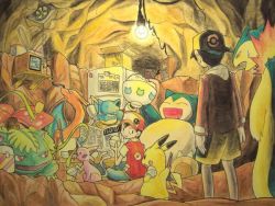 Rule 34 | 1990s (style), 2boys, baseball cap, blastoise, bowl, cave, charizard, chopsticks, creatures (company), eating, espeon, ethan (pokemon), game freak, gen 1 pokemon, gen 2 pokemon, glasses, hat, light bulb, looking back, multiple boys, newspaper, nintendo, open mouth, pikachu, pokemon, pokemon (creature), pokemon gsc, pokemon rgby, reading, red (pokemon), refrigerator, retro artstyle, rice, shitappa 13-gou, snorlax, spoilers, starter pokemon trio, surprised, tail, television, typhlosion, venusaur