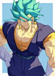 1boy aqua_eyes aqua_hair blue_dougi border commentary_request cowboy_shot dougi dragon_ball dragon_ball_super earrings floating_earring floating_hair gloves hand_on_own_hip highres jewelry looking_at_viewer male_focus muscular muscular_male potara_earrings shirofal028 short_hair smirk spiked_hair super_saiyan super_saiyan_blue twitter_username vegetto white_border white_gloves