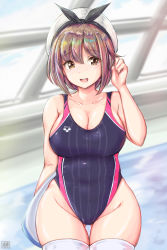 Rule 34 | 1girl, absurdres, alternate costume, atelier (series), atelier ryza, atelier ryza 1, bad id, bad pixiv id, beret, blue one-piece swimsuit, breasts, brown eyes, brown hair, cleavage, collarbone, commentary request, competition swimsuit, hat, highleg, highleg swimsuit, highres, large breasts, looking at viewer, one-piece swimsuit, open mouth, photoshop (medium), pool, rei no pool, reisalin stout, revision, short hair, solo, standing, swimsuit, teeth, thighhighs, thighs, tong shui, upper teeth only, water, white hat, white thighhighs