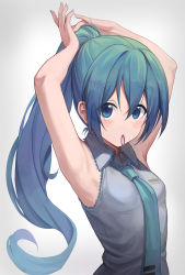 Rule 34 | 1girl, absurdres, alternate hairstyle, armpits, arms up, bib (bibboss39), commentary, grey background, grey shirt, hair between eyes, hair tie, hatsune miku, highres, long hair, looking at viewer, mouth hold, necktie, ponytail, shirt, sleeveless, sleeveless shirt, solo, tying hair, upper body, very long hair, vocaloid