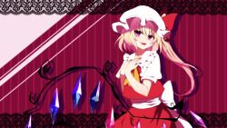 Rule 34 | 1girl, ascot, bad id, bad pixiv id, blonde hair, cowboy shot, crystal, fang, fingernails, flandre scarlet, hands on own chest, hat, hat ribbon, long fingernails, looking at viewer, mob cap, nail polish, parted lips, pink eyes, puffy short sleeves, puffy sleeves, red nails, red ribbon, red skirt, ribbon, sash, short sleeves, side ponytail, skirt, skirt set, smile, solo, touhou, wings, you (noanoamoemoe)