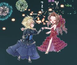 Rule 34 | 1boy, 1girl, aerith gainsborough, aerith gainsborough (red dress), backless dress, backless outfit, bare shoulders, black footwear, black gloves, black hairband, blonde hair, blue dress, blue eyes, bluelimbo8888, blush, bow, bracelet, braid, brown hair, chibi, closed eyes, cloud strife, cloud strife (blue dress), crossdressing, dress, fang, final fantasy, final fantasy vii, final fantasy vii remake, fireworks, flamenco dress, flower, full body, gloves, hair bow, hair flower, hair ornament, hair ribbon, hairband, jewelry, juliet sleeves, long dress, long hair, long sleeves, looking at another, official alternate costume, open mouth, outstretched hand, pink bow, puffy sleeves, red dress, red flower, red ribbon, ribbon, ringlets, side slit, smile, spiked hair, square enix, strappy heels, sweatdrop, twin braids, wall market, white footwear