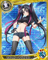 Rule 34 | 10s, 1girl, black hair, black shirt, black thighhighs, breasts, card (medium), character name, chess piece, hair ribbon, high school dxd, king (chess), large breasts, long hair, navel, official art, purple eyes, purple ribbon, ribbon, serafall leviathan, shirt, short shorts, shorts, smile, solo, thighhighs, trading card, twintails, underboob