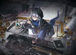 Rule 34 | 1girl, adjustable wrench, animal ears, arknights, blue eyes, blue hair, blue jacket, blueprint (object), candy, detached hood, food, food in mouth, glaucus (arknights), globe, highres, holding, holding wrench, hood, hood up, hooded jacket, id card, jacket, lollipop, long sleeves, low twintails, multicolored hair, paper stack, railgun, slug girl, solo, streaked hair, table, tablet pc, tail, twintails, workshop, wrench, zeklewa