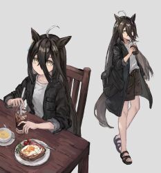 Rule 34 | 1girl, absurdres, ahoge, animal ears, bag, black bag, black footwear, black hair, black jacket, black shorts, bread slice, chair, coffee, collarbone, denim, denim shorts, drink, drinking straw, egg (food), eyelashes, food, fork, full body, glass, hair between eyes, highres, horse ears, horse girl, horse tail, ice, iced coffee, jacket, long bangs, long sleeves, manhattan cafe (umamusume), multicolored hair, on chair, open clothes, open jacket, plate, rokojii, sandals, shirt, shorts, sidelocks, simple background, solo, soup, streaked hair, table, tail, thighs, toast, umamusume, white background, white hair, white shirt, wooden chair, wooden table, yellow eyes