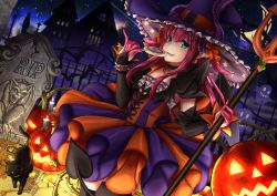 Rule 34 | 1girl, bad id, bad pixiv id, black cat, black thighhighs, blue eyes, blush, bow, bridal gauntlets, candy, cat, choker, cowboy shot, crescent moon, dress, elizabeth bathory (fate), elizabeth bathory (halloween caster) (fate), fang, fate/grand order, fate (series), food, hair between eyes, hair bow, halloween costume, hat, horns, jack-o&#039;-lantern, lollipop, long hair, looking at viewer, moon, night, parted lips, pink hair, pitchfork, pointy ears, saruei, smile, solo, striped clothes, striped dress, thighhighs, tombstone, witch hat