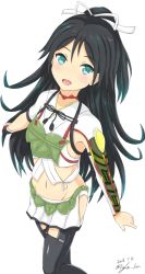 Rule 34 | 10s, 1girl, 2016, aqua eyes, armpits, arms at sides, asymmetrical clothes, black hair, black legwear, camouflage, colored eyelashes, dated, fingerless gloves, from above, gloves, hair between eyes, hair ribbon, kantai collection, katsuragi (kancolle), linfa (futari midara), long hair, long sleeves, looking at viewer, midriff, miniskirt, navel, open mouth, ponytail, remodel (kantai collection), ribbon, short sleeves, signature, simple background, single sleeve, skirt, solo, standing, standing on one leg, twitter username, white background, white ribbon