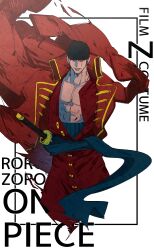 Rule 34 | 1boy, abs, bare pectorals, black headwear, blue sash, character name, chromatic aberration, closed eyes, coat, copyright name, highres, male focus, mirin (coene65), muscular, muscular male, one piece, one piece film: z, parted lips, pectorals, red coat, roronoa zoro, sash, scar, scar across eye, simple background, solo, straight-on, sword, weapon, white background