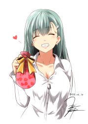 Rule 34 | 1girl, blush, breasts, buttons, cleavage, collarbone, collared shirt, cropped torso, dated, dog tags, earrings, closed eyes, facing viewer, green hair, grin, hair between eyes, hair ornament, hairclip, heart, highres, jewelry, kantai collection, large breasts, long hair, long sleeves, shirt, signature, simple background, single earring, smile, solo, suzuya (kancolle), upper body, valentine, white background, white shirt, yua (checkmate)