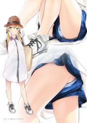 Rule 34 | 1girl, ama mitsuki, arms behind back, artist name, bag, blonde hair, blue eyes, blue panties, bright pupils, closed mouth, contrapposto, converse, cross-laced footwear, dated, dress, full body, hair ornament, hat, kantai collection, looking away, multiple views, ozawa ari, panties, pantyshot, prinz eugen (kancolle), see-through silhouette, shoelaces, shoes, shoulder bag, sitting, sleeveless, sleeveless dress, smile, sneakers, standing, twintails, twitter username, underwear, upshorts, white dress, white footwear, white pupils, wing collar