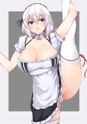 Rule 34 | 1girl, anchor choker, apron, areola slip, azur lane, black dress, blush, breasts, cleavage, collarbone, cowboy shot, dress, frilled apron, frills, grey background, groin tendon, hair between eyes, hairband, highres, irohara, lace-trimmed hairband, lace trim, large breasts, panties, puffy short sleeves, puffy sleeves, ribbon-trimmed legwear, ribbon trim, short hair, short sleeves, sirius (azur lane), solo, split, standing, standing on one leg, standing split, thighs, underwear, waist apron, white apron, white dress, white hair, white panties