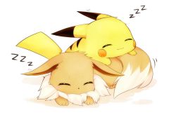 Rule 34 | body fur, closed eyes, closed mouth, commentary request, creatures (company), ears down, eevee, facing viewer, game freak, gen 1 pokemon, nintendo, no humans, pikachu, pointy ears, pokemon, pokemon (creature), pokemon lgpe, shadow, shiira (nya rl), sleeping, smile, white background, zzz