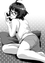 Rule 34 | 1girl, :o, ahoge, alternate costume, barefoot, bespectacled, blunt bangs, glasses, greyscale, handheld game console, holding, kantai collection, kishinami (kancolle), looking at viewer, makio (makiomeigenbot), monochrome, nintendo 3ds, open mouth, pillow, playing games, polka dot, polka dot background, short hair, shorts, simple background, sitting, solo, tank top