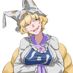 Rule 34 | 1girl, animal hat, blonde hair, breasts, commentary request, dress, fangs, fox girl, fox tail, frilled dress, frills, hair between eyes, half-closed eyes, hands in opposite sleeves, hat, head tilt, kitsune, kyuubi, large breasts, long bangs, long sleeves, looking to the side, mob cap, multiple tails, open mouth, short hair, simple background, slit pupils, smile, solo, tabard, tail, tassel, teeth, tokono touhi, touhou, upper body, white background, white dress, white hat, yakumo ran, yellow eyes